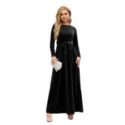 Damen Samt Weihnachtskleid A-Linie Festlich Maxikleid Langarm Rundhals Ausschnitt Herbst Winterkleid Elegante Hochzeitsfeier Cocktailkleid mit Gürtel Schwarz L von IMEKIS