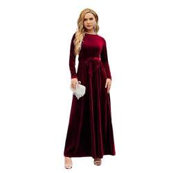 Damen Samt Weihnachtskleid A-Linie Festlich Maxikleid Langarm Rundhals Ausschnitt Herbst Winterkleid Elegante Hochzeitsfeier Cocktailkleid mit Gürtel Weinrot M von IMEKIS