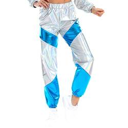 Damen Sporthose Taille Hose Cargohose Jogger Hose Gl?nzend Metallic Hip Hop Tanzhose mit Taschen Nachtclub Disco Dancewear Casual Streethose Silber-Blau Large von IMEKIS