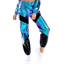 Damen Sporthose Taille Hose Cargohose Jogger Hose Glänzend Metallic Hip Hop Tanzhose mit Taschen Nachtclub Disco Dancewear Casual Streethose Blau-Schwarz Large von IMEKIS