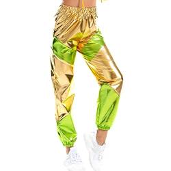 Damen Sporthose Taille Hose Cargohose Jogger Hose Glänzend Metallic Hip Hop Tanzhose mit Taschen Nachtclub Disco Dancewear Casual Streethose Golden-Grün X-Large von IMEKIS