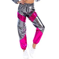 Damen Sporthose Taille Hose Cargohose Jogger Hose Glänzend Metallic Hip Hop Tanzhose mit Taschen Nachtclub Disco Dancewear Casual Streethose Grau-Rose Large von IMEKIS