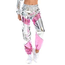 Damen Sporthose Taille Hose Cargohose Jogger Hose Glänzend Metallic Hip Hop Tanzhose mit Taschen Nachtclub Disco Dancewear Casual Streethose Sliber-Rosa Large von IMEKIS