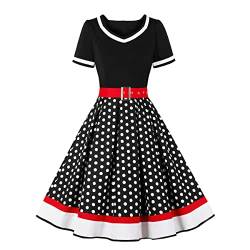 Damen Vintage Cocktailkleid Abendkleid Kurzarm V Ausschnitt 1950er Jahre Polka Dots Retro Swing Kleid A Linie Blumendruck Hochzeit Partykleid Prom Ballkleid mit Taillengürtel Schwarz XL von IMEKIS