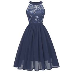 Damen Vintage Spitze Partykleid Elegant Hochzeit Brautkleid A Linie Neckholder Cocktailkleid Abendkleid Ärmellos Chiffon Sommerkleid Knielang Faltenkleid Marineblau M von IMEKIS