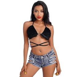 Frauen Rave BH Flauschiges Fell Dreieck Bikini Crop Top Sexy Riemchen Neckholder Bandage Camisole Dance Musik Festival Clubwear, Schwarz, Einheitsgröße von IMEKIS