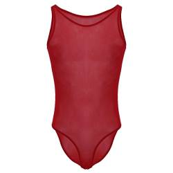 Herren Stringbody Mesh Transparent Body Unterwäsche Wrestling Unterhemd Tank Top Dessous High Cut Overall Einteiliger Jumpsuit Bikini Slips Männerbody Muskel Sport Shirt Nachtwäsche Rot XL von IMEKIS