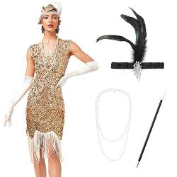 IMEKIS 1920er Jahre Great Gatsby Kleid für Damen Flapper Pailletten Quaste Fransen Kleid Ärmellos V-Ausschnitt Vintage Cocktailkleid Festlich Kostüm mit Zubehör Gold 3XL von IMEKIS