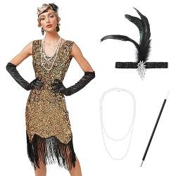 IMEKIS 1920er Jahre Great Gatsby Kleid für Damen Flapper Pailletten Quaste Fransen Kleid Ärmellos V-Ausschnitt Vintage Cocktailkleid Festlich Kostüm mit Zubehör Golden M von IMEKIS