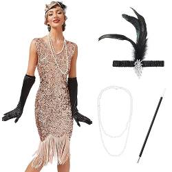 IMEKIS 1920er Jahre Great Gatsby Kleid für Damen Flapper Pailletten Quaste Fransen Kleid Ärmellos V-Ausschnitt Vintage Cocktailkleid Festlich Kostüm mit Zubehör Rosa XL von IMEKIS