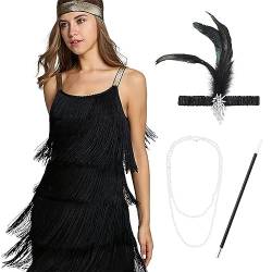 IMEKIS 1920er Jahre Great Gatsby Kleid für Damen Flapper Pailletten Quaste Fransen Kleid Ärmellos V-Ausschnitt Vintage Cocktailkleid Festlich Kostüm mit Zubehör Schwarz-Ärmellos L von IMEKIS