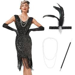 IMEKIS 1920er Jahre Great Gatsby Kleid für Damen Flapper Pailletten Quaste Fransen Kleid Ärmellos V-Ausschnitt Vintage Cocktailkleid Festlich Kostüm mit Zubehör Schwarz M von IMEKIS