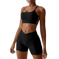 IMEKIS 2tlg Gym Set f?r Damen Yoga Sport Outfit Einfarbig Fitness Kleidung ?rmellos R?ckenfrei Crisscross Sport BH und Cross V Hohe Taille Shorts Leggings Workout Jogger Anzug Schwarz S von IMEKIS