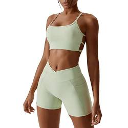 IMEKIS 2tlg Gym Set für Damen Yoga Sport Outfit Einfarbig Fitness Kleidung Ärmellos Rückenfrei Crisscross Sport BH und Cross V Hohe Taille Shorts Leggings Workout Jogger Anzug Grün M von IMEKIS