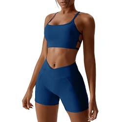 IMEKIS 2tlg Gym Set für Damen Yoga Sport Outfit Einfarbig Fitness Kleidung Ärmellos Rückenfrei Crisscross Sport BH und Cross V Hohe Taille Shorts Leggings Workout Jogger Anzug See Blau S von IMEKIS