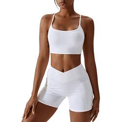 IMEKIS 2tlg Gym Set für Damen Yoga Sport Outfit Einfarbig Fitness Kleidung Ärmellos Rückenfrei Crisscross Sport BH und Cross V Hohe Taille Shorts Leggings Workout Jogger Anzug Weiß S von IMEKIS