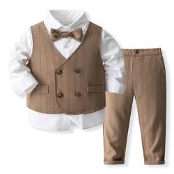 IMEKIS Baby Jungen Gentleman Anzug Formale Geburtstag Hochzeit Taufe Smoking Outfits Langarm Button Down Hemd Hosen + Weste und Fliege, 4tlg Set Braun 2-3 Jahre von IMEKIS