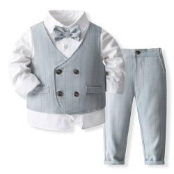 IMEKIS Baby Jungen Gentleman Anzug Formale Geburtstag Hochzeit Taufe Smoking Outfits Langarm Button Down Hemd Hosen + Weste und Fliege, 4tlg Set Hellgrau 2-3 Jahre von IMEKIS