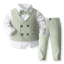 IMEKIS Baby Jungen Gentleman Anzug Formale Geburtstag Hochzeit Taufe Smoking Outfits Langarm Button Down Hemd Hosen + Weste und Fliege, 4tlg Set Hellgrün 12-18 Monate von IMEKIS