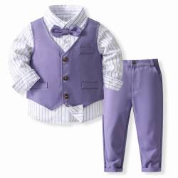 IMEKIS Baby Jungen Gentleman Anzug Formale Geburtstag Hochzeit Taufe Smoking Outfits Langarm Button Down Hemd Hosen + Weste und Fliege, 4tlg Set Lila 2-3 Jahre von IMEKIS