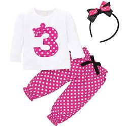 IMEKIS Baby Mädchen Geburtstag Fotoshooting Outfit Langarm Top Shirt und Polka Dots Hose mit Bowknot Stirnband Kleinkind 3 Stück Prinzessin Festlich Kleidung Set Rose 3 von IMEKIS