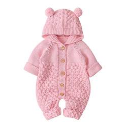 IMEKIS Baby Mädchen Jungen Kleidung Gestrickt Strampler Overall Einteilig Kapuzenpullover Langarm Häkeln Bodys Schneeanzug Warmer Herbst Winter Outfit Rosa 0-6 Monate von IMEKIS