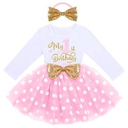 IMEKIS Baby Mädchen Mein 1./2 ./3. Geburtstag Outfit Prinzessin Langarm Glänzend Tüll Kleid mit Bowknot Stirnband Kleinkind Kinder Minnie Kleidung Set Dot Rosa 1 1 Jahre von IMEKIS