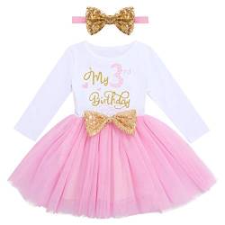 IMEKIS Baby Mädchen Mein 1./2 ./3. Geburtstag Outfit Prinzessin Langarm Glänzend Tüll Kleid mit Bowknot Stirnband Kleinkind Kinder Minnie Kleidung Set Rosa 3 Jahre von IMEKIS