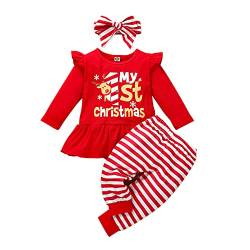 IMEKIS Baby Mädchen Mein 1. Weihnachten Outfit Weihnachtsmann Elch Rentiere Weihnachtskostüm Langarm Strampler Hosen Stirnband 3tlg Prinzessin Erste Weihnachten Kleidung Set Rot 3-6 Monate von IMEKIS