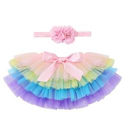 IMEKIS Baby Mädchen Tutu Kleid Kleinkind Prinzessin Regenbogen Geschichtete Tüllrock Pumphose Windel Überzug mit Blumenstirnband 2 Stück Geburtstagsparty Outfit für Fotografie Requisiten 6-12 Monate von IMEKIS