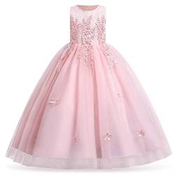 IMEKIS Blumenmädchen Kleid Ärmellos Blumenspitze Brautjungfernkleid Prinzessin Hochzeitsfeier Tüllkleid Kinder A-Linie Geburtstag Festzug Lang Ballkleid Rosa 11-12 Jahre von IMEKIS