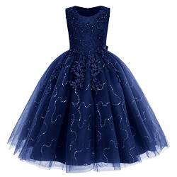 IMEKIS Blumenmädchen Kleid Prinzessin Spitze Tüll Tutu Pailletten Bowknot Abendkleid Partykleid Brautjungfer Hochzeit Geburtstag Lang Festzug Ballkleid Dunkelblau 9-10 Jahre von IMEKIS