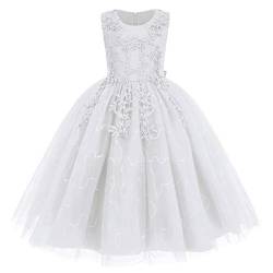 IMEKIS Blumenmädchen Kleid Prinzessin Spitze Tüll Tutu Pailletten Bowknot Abendkleid Partykleid Brautjungfer Hochzeit Geburtstag Lang Festzug Ballkleid Weiß 11-12 Jahre von IMEKIS