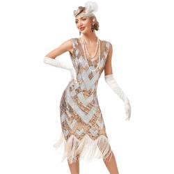 IMEKIS Damen 1920er Jahre Flapper Kleid Great Gatsby Pailletten Perlen Fransen Kleid Ärmellos V-Ausschnitt Vintage Cocktailkleid Festlich Motto-Party Kostüm Aprikose+Silber XS von IMEKIS