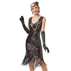 IMEKIS Damen 1920er Jahre Flapper Kleid Great Gatsby Pailletten Perlen Fransen Kleid Ärmellos V-Ausschnitt Vintage Cocktailkleid Festlich Motto-Party Kostüm Schwarz+Rot L von IMEKIS