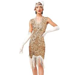 IMEKIS Damen 1920er Jahre Great Gatsby Flapper Kleid Ärmelloses V-Ausschnitt Pailletten Perlen Fransen Kleid Vintage Cocktailkleid Abendkleid Festlich Motto-Party Kostüm Gold 3XL von IMEKIS