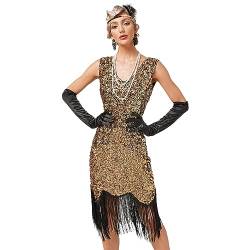 IMEKIS Damen 1920er Jahre Great Gatsby Flapper Kleid Ärmelloses V-Ausschnitt Pailletten Perlen Fransen Kleid Vintage Cocktailkleid Abendkleid Festlich Motto-Party Kostüm Golden M von IMEKIS