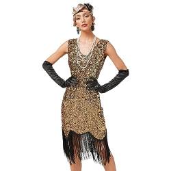 IMEKIS Damen 1920er Jahre Great Gatsby Flapper Kleid Ärmelloses V-Ausschnitt Pailletten Perlen Fransen Kleid Vintage Cocktailkleid Abendkleid Festlich Motto-Party Kostüm Golden XL von IMEKIS