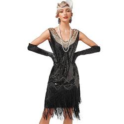 IMEKIS Damen 1920er Jahre Great Gatsby Flapper Kleid Ärmelloses V-Ausschnitt Pailletten Perlen Fransen Kleid Vintage Cocktailkleid Abendkleid Festlich Motto-Party Kostüm Schwarz+Gold S von IMEKIS