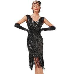 IMEKIS Damen 1920er Jahre Great Gatsby Flapper Kleid Ärmelloses V-Ausschnitt Pailletten Perlen Fransen Kleid Vintage Cocktailkleid Abendkleid Festlich Motto-Party Kostüm Schwarz S von IMEKIS