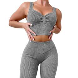 IMEKIS Damen 2-teiliges Gym Set Geraffter Sport-BH mit High Rise Biker-Shorts Trainingsanzug Leggings Workout-Outfit Nahtlos Yoga Anzug Gerippt Sportbekleidung Fitness Activewear Grau S von IMEKIS