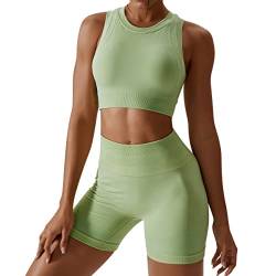 IMEKIS Damen 2tlg Nahtlose Yoga Outfits Racerback Sport BH und High Taille Kompression Hosen Shorts Jogging Gym Set Workout Fitness Kleidung Sommer Trainingsanzug Grün+Shorts L. von IMEKIS