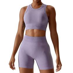 IMEKIS Damen 2tlg Nahtlose Yoga Outfits Racerback Sport BH und High Taille Kompression Hosen Shorts Jogging Gym Set Workout Fitness Kleidung Sommer Trainingsanzug Lila+Shorts S von IMEKIS