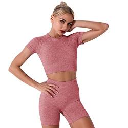 IMEKIS Damen 3 tlg Fitness Set Sport-BH mit Crop-Top und Shorts Nahtlose Yoga Kleidung Fitness Workout Outfit Frauen Slim Fit Sommer Biker Activewear Laufanzug Altrosa S von IMEKIS