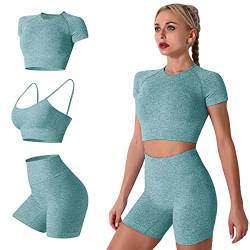 IMEKIS Damen 3 tlg Fitness Set Sport-BH mit Crop-Top und Shorts Nahtlose Yoga Kleidung Fitness Workout Outfit Frauen Slim Fit Sommer Biker Activewear Laufanzug Dunkelgrün S von IMEKIS