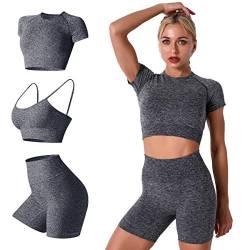 IMEKIS Damen 3 tlg Fitness Set Sport-BH mit Crop-Top und Shorts Nahtlose Yoga Kleidung Fitness Workout Outfit Frauen Slim Fit Sommer Biker Activewear Laufanzug Grau L von IMEKIS