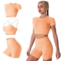 IMEKIS Damen 3 tlg Fitness Set Sport-BH mit Crop-Top und Shorts Nahtlose Yoga Kleidung Fitness Workout Outfit Frauen Slim Fit Sommer Biker Activewear Laufanzug Orange L von IMEKIS