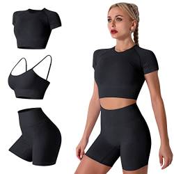 IMEKIS Damen 3 tlg Fitness Set Sport-BH mit Crop-Top und Shorts Nahtlose Yoga Kleidung Fitness Workout Outfit Frauen Slim Fit Sommer Biker Activewear Laufanzug Schwarz L von IMEKIS