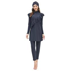 IMEKIS Damen 3tlg Modest Bademode Muslimischen Badeanzug Islamischen Burkini Schwimmanzug Langarm Tankini mit Hijab voller Abdeckung Rashguard Sets Badebekleidung Dunkelgrau XXL von IMEKIS