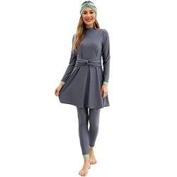 IMEKIS Damen 3tlg Modest Bademode Muslimischen Badebekleidung Islamischen Arabischen Badeanzug Langarm Tankini mit Hijab voller Abdeckung Burkini Schwimmanzug Grau XL von IMEKIS